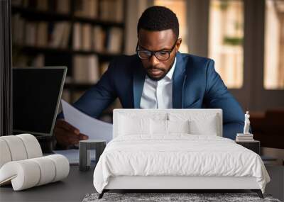 Busy young African American business man bank account manager sitting at office. Wall mural