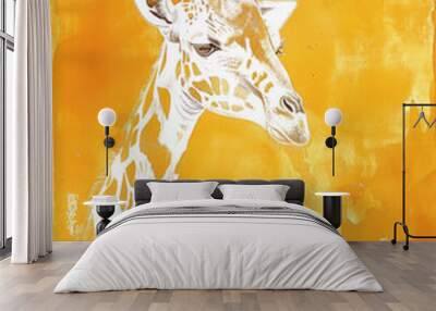 Clean white line drawing of a giraffe on a warm yellow watercolor background, with a gentle texture. The giraffe is shown with its neck stretched out. Wall mural