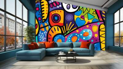 Colorful background with whimsical doodles in bright, playful colors. Wall mural