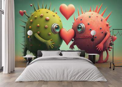 Cute love monster illustrations with hearts. Generate Ai Wall mural