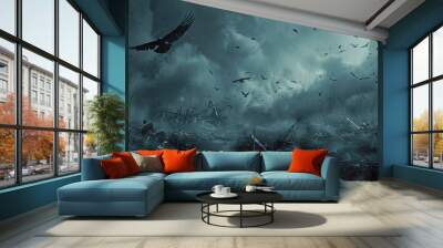 Dark Gothic fantasy background featuring a desolate battlefield with broken weapons and armor scattered across the ground. The sky is dark and ominous, with crows circling overhead. Wall mural