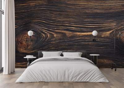 Detailed shot of a dark, rustic wooden surface with deep brown tones, showcasing naturally weathered texture and grain, with visible knots and cracks creating an aged, vintage look Wall mural