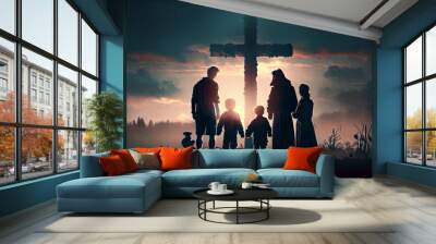 Easter concept: Parents and children worship on the cross background. Generate Ai. Wall mural