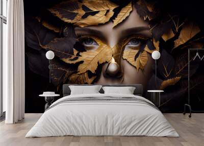 Fashion portrait style female face covered with gold leaf on black background . Generate Ai. Wall mural