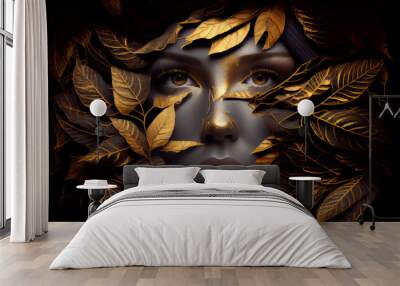 Fashion portrait style female face covered with gold leaf on black background . Generate Ai. Wall mural