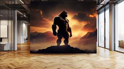 Ferocious King Kong on top of a mountain at sunset. Generate Ai. Wall mural