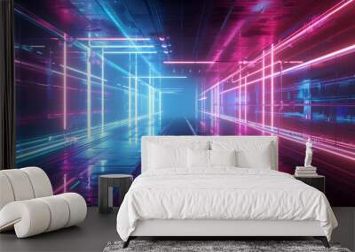 Futuristic neon background with glowing lines, dark contrasts, and textured reflections. The high-tech, sci-fi aesthetic creates a modern, cutting-edge feel, perfect for technology themes Wall mural