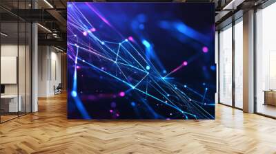 Futuristic web design backdrop featuring a dark, matte background with glowing, neon blue and purple lines forming an abstract network. The design is sleek and cutting-edge, ideal for tech startups. Wall mural