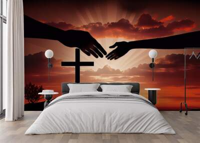 God's helping hand and cross on sunset background. Generate Ai. Wall mural