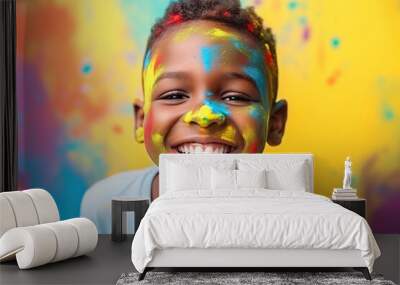 happy and smiling African American child boy celebrates his birthday, vivid and vibrant colors Wall mural