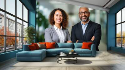 Happy confident business team people two Latin and African American colleagues standing in office Wall mural