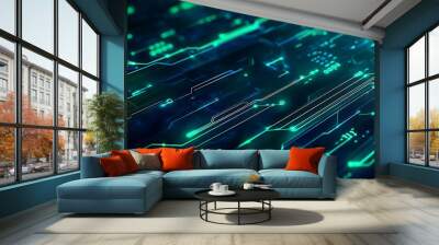 High-tech web design backdrop with a dark, textured background and glowing circuit patterns in green and blue. The design is sleek and futuristic, ideal for showcasing digital products or services. Wall mural