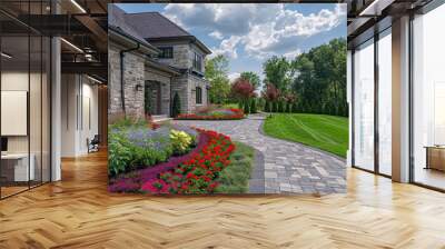 Luxury landscape of wide beautiful garden design with green manicured lawn, beautiful flower beds and path Wall mural