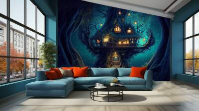 magical fantasy fairy tale scenery of tree house at night in a forest. Generate Ai. Wall mural