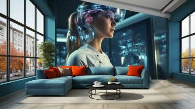 Medical technology. Health care, Medicine doctor using virtual reality headset with robots to research and testing result of patients on virtual interface, VR. AI Generated Wall mural