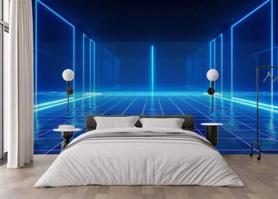 Neon-lit metallic grid background with glowing blue accents: Futuristic and sleek, ideal for tech showcases or modern advertisements, the metallic grid and neon blue lights create a dynamic and Wall mural