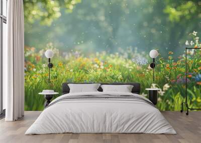 Peaceful meadow background with colorful wildflowers, lush green grass, and textured foliage. The serene, natural scene creates a calming, picturesque atmosphere, perfect for nature themes Wall mural