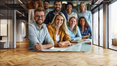 Proud and united, the members of a successful business team smile brightly in the office, conveying confidence as they face the camera. Wall mural