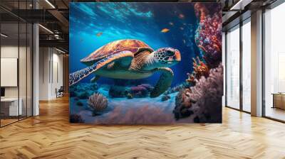 Sea turtle swimming in the under sea , Beautiful Underwater and colorfull coral in wild nature of the Pacific Ocean. Generate Ai Wall mural