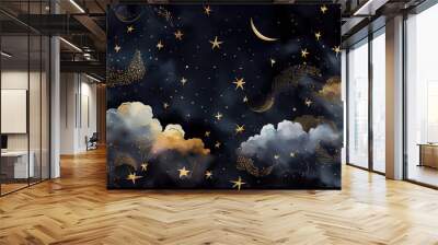 Seamless pattern of the night sky with gold foil constellations stars and clouds watercolor. Generate Ai. Wall mural