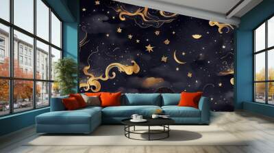 Seamless pattern of the night sky with gold foil constellations stars and clouds watercolor. Generate Ai. Wall mural