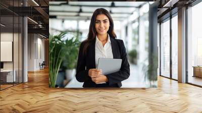 Smiling latin young professional business woman corporate marketing manager, female worker holding digital tablet computer fintech tab at work standing in modern company office looking at camera. Wall mural