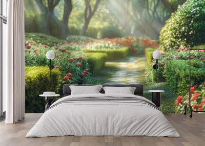 Tranquil garden background with blooming flowers, green hedges, and textured stone paths. The serene, natural scene creates a peaceful, relaxing atmosphere, ideal for nature or outdoor themes Wall mural