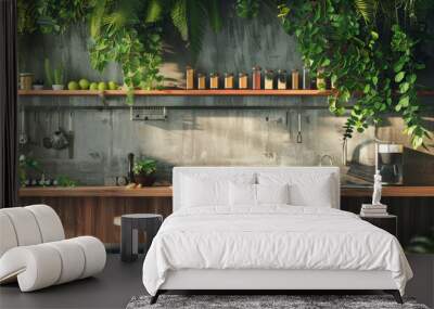 Urban jungle kitchen podium background with lots of greenery, wooden countertops, and a vibrant, lively atmosphere. Potted plants and natural light enhance the fresh feel. Wall mural