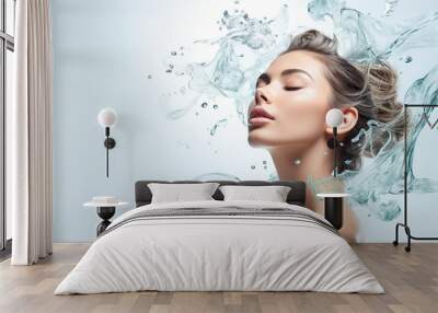 Water, hydration and portrait of a woman with a splash for skincare, wellness and beauty against a white studio background. Wall mural