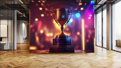 Winner trophy on a stage at studio illuminated by neon lights with blurred background. Generate Ai. Wall mural