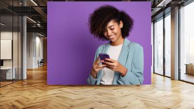 woman with phone on purple background . AI Generated Wall mural