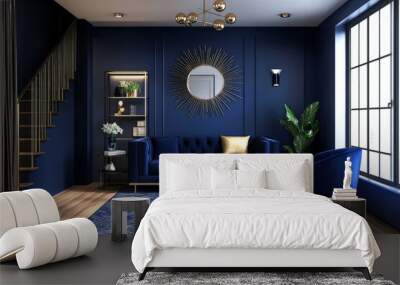 A 3D interior with deep royal blue walls, light wood flooring, and metallic gold accents. The rich color palette adds elegance and depth to the modern space. Wall mural