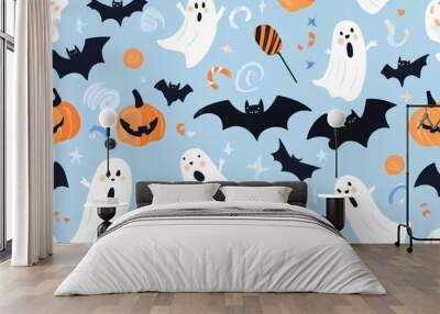 A cheerful Halloween pattern featuring playful bats, friendly ghosts, and candy swirls, scattered across a pastel blue background. Wall mural