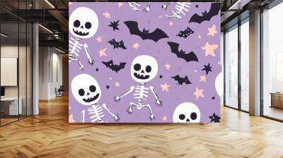 A cheerful Halloween pattern featuring smiling skeletons, little bats, and stars, all on a pastel purple background, creating a fun and festive look. Wall mural