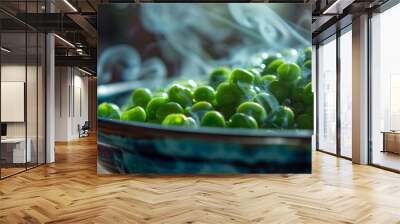 A close-up of cooked peas in a bowl, with steam rising, set against a cozy kitchen background. Wall mural