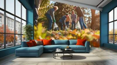 a community clean-up day with volunteers picking up litter in a scenic park Wall mural