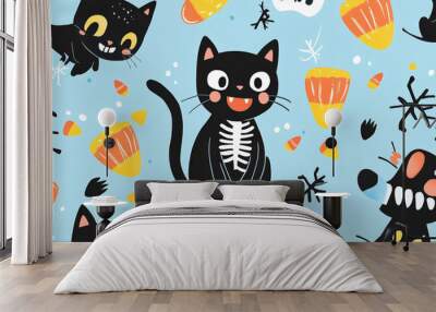 A cute Halloween seamless pattern featuring smiling black cats, happy skeletons, and candy corn on a pastel blue background for a fun, spooky feel. Wall mural