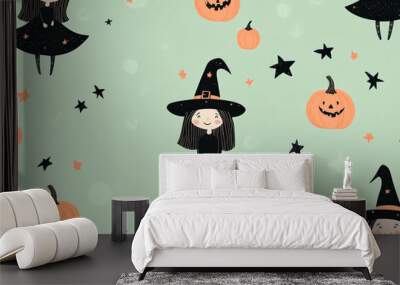 A cute Halloween seamless pattern with adorable witches, tiny pumpkins, and stars floating on a soft pastel green background for a fun, spooky design. Wall mural