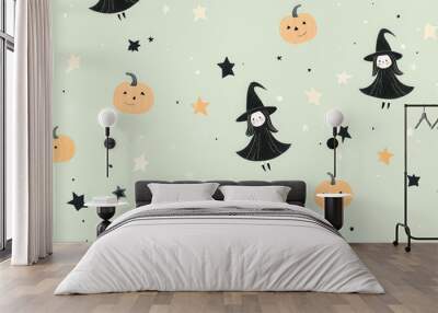 A cute Halloween seamless pattern with adorable witches, tiny pumpkins, and stars floating on a soft pastel green background for a fun, spooky design. Wall mural