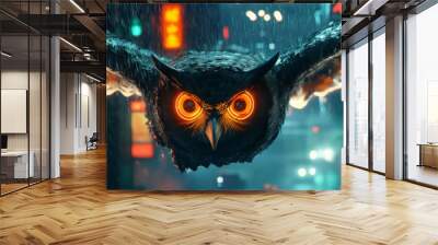 A cyberpunk owl with glowing orange eyes hovering in the rain, neon signs illuminating its metallic wings, creating a dramatic futuristic scene. Wall mural