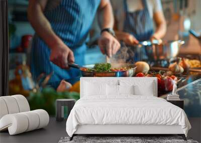 a family cooking a meal together in a modern kitchen with fresh, colorful ingredients Wall mural