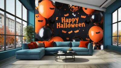 A festive Halloween background with orange and black balloons, pumpkins, bats, and a spooky 