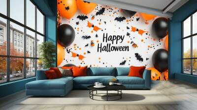 A festive Halloween background with orange and black balloons, pumpkins, bats, and a spooky 