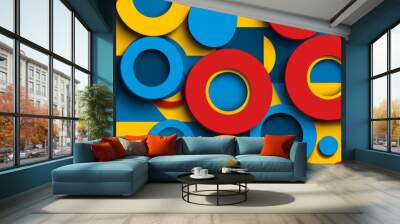 A flat geometric background featuring concentric circles and rectangles in bright primary colors Wall mural