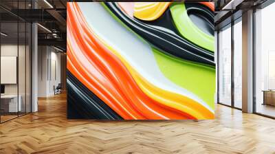 A futuristic abstract surface with bold geometric patterns in neon orange, lime green, and black, combined with flowing wavy lines for a high-tech feel. Wall mural