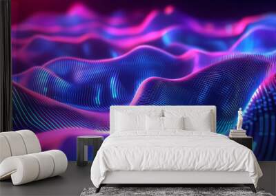 A futuristic abstract surface with neon-colored geometrical shapes and electric blue wavy lines, creating a vibrant, high-energy composition. Wall mural