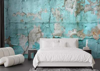 A grunge wall texture in faded aqua, with water stains, cracks, and visible layers of old, peeling paint. Wall mural