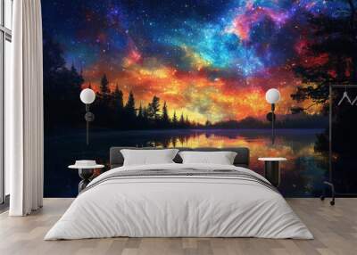 A magical night sky filled with bright, swirling stars in various colors, from vibrant reds to deep blues. Below, a serene lake reflects the celestial display, with the landscape around it bathed in a Wall mural