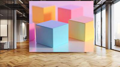 A minimalist design of colorful cubes arranged symmetrically on a smooth, light surface, with clean shadows and bright reflections. Wall mural