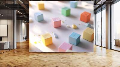 A modern abstract design of scattered colorful cubes on a soft white surface, with gentle light emphasizing the different textures of each cube. Wall mural